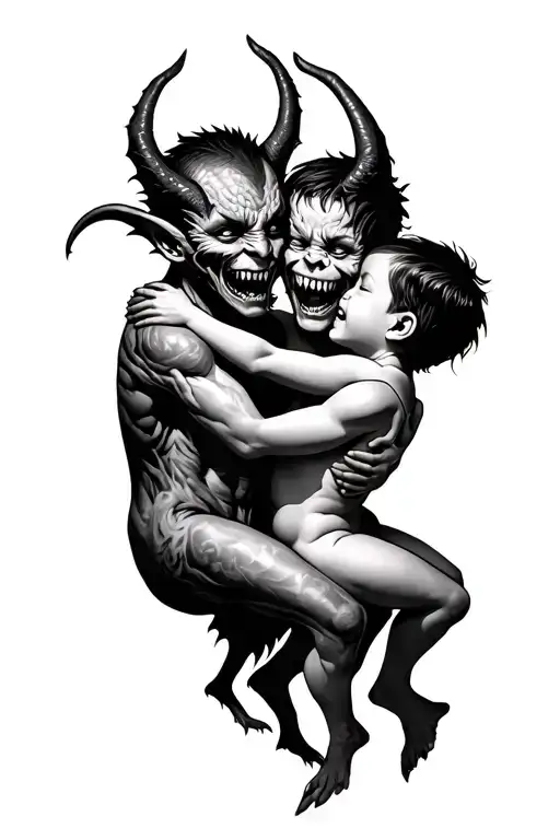 inner child hugging inner demon and inner demon realizes he doesn't have to terrorize anymore tattoo design idea