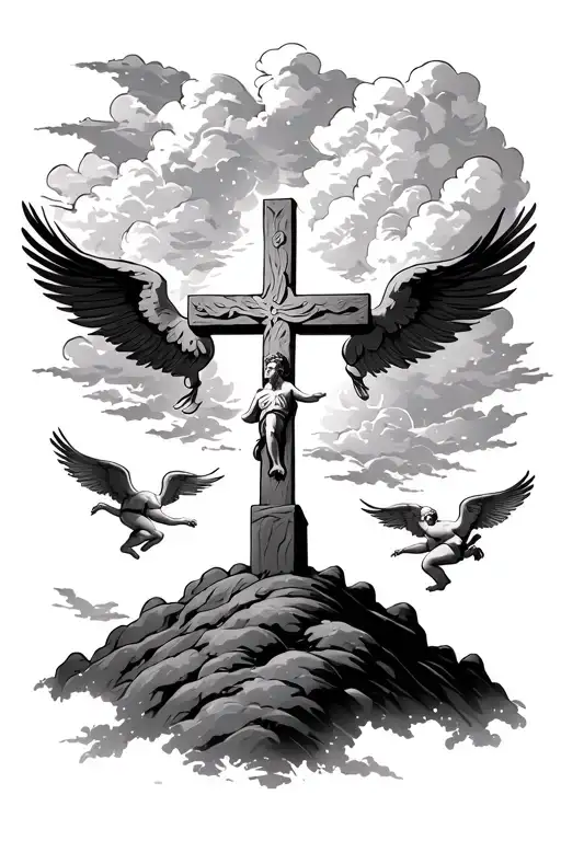 3 cross on a hill with clouds and angels flying together tattoo design idea