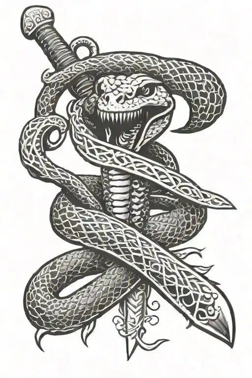 black mamba snake wrapped around sword with "mamba mentality" and "kill or be killed" words inside sword tattoo design idea