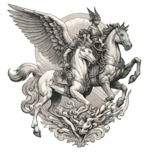 Perseus and Andromoda walking next to Pegasus flying tattoo design idea