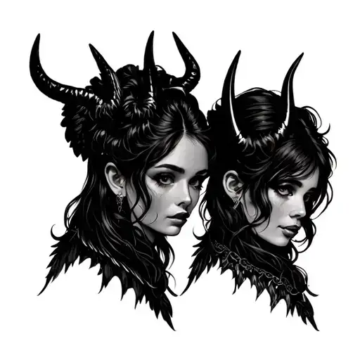 gemini twin latina women with devil horns and angel wings on both tattoo design idea