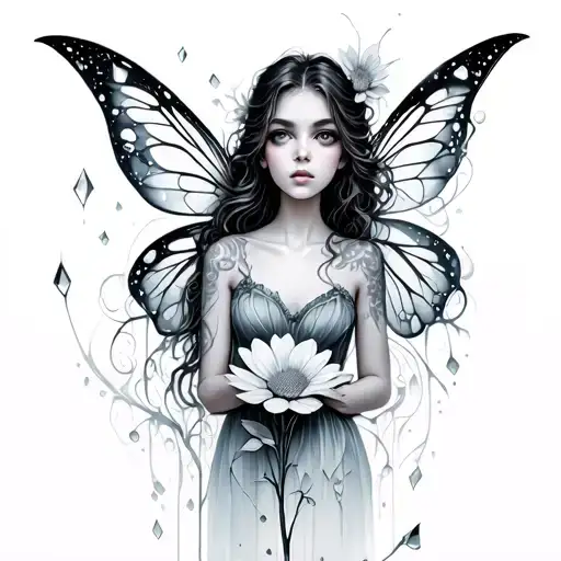fairy, flowers dying and regrowing, sparkles, broken glass tattoo design idea