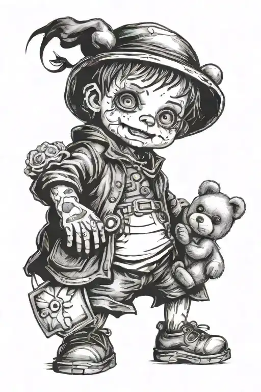 Necro child holding a teddy bear in one hand,  and a broken bottle in the other hand  tattoo design idea