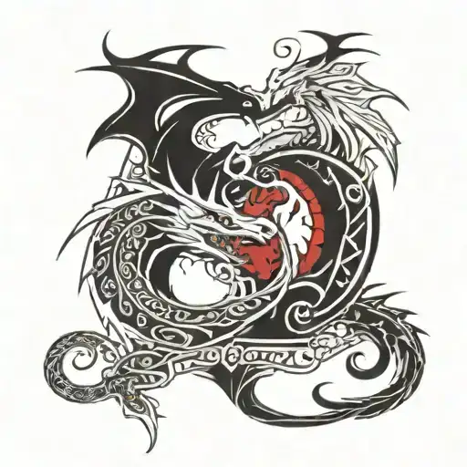 a red dragon and a white dragon either side of a joker card tattoo design idea