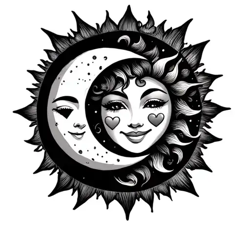 American Traditional moon and sun Tattoo smiling subtle have heart on they cheeks tattoo design idea