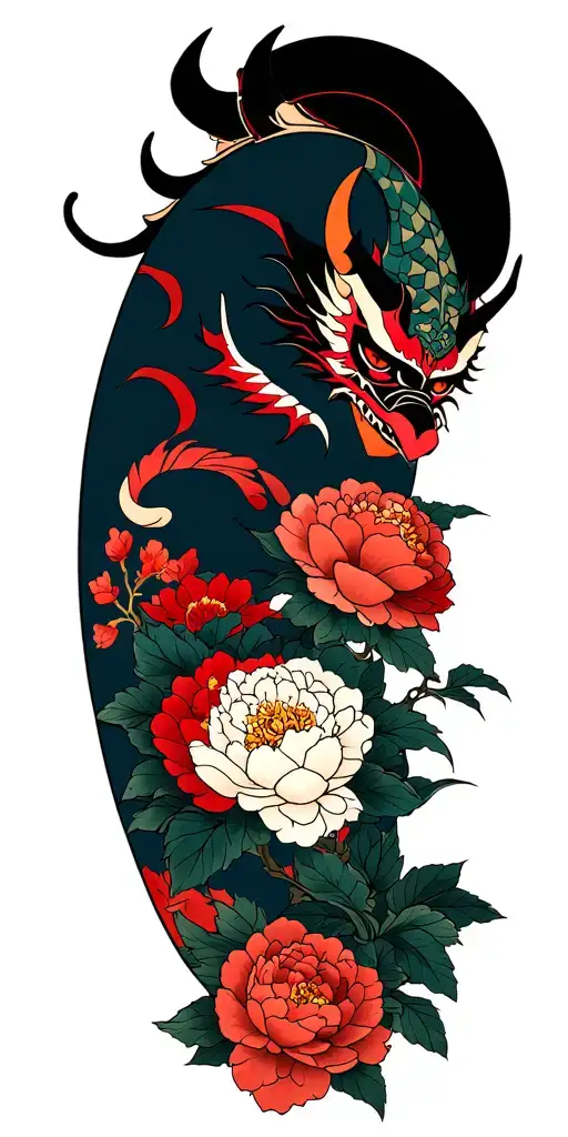 Japanese style sleeve tattoo with demon masks and peonies tattoo design idea