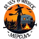 silhouette of busty sexy witch bride on broomstick over a campsite with a trailer and campfire with children & dog tattoo design idea