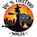 silhouette of busty sexy witch bride on broomstick over a campsite with a trailer and campfire with children & dog tattoo design idea