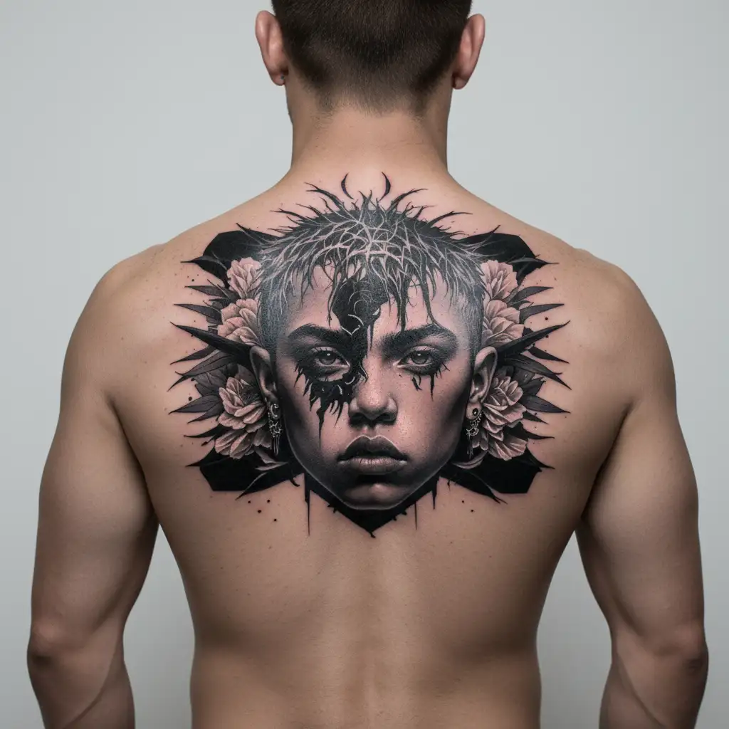 The face of XXXTentacion y Suminagashi Symmetric Shape tattoo design idea