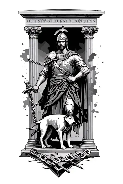 Roman soldier with a dog in broken chains , bottom of tattoo is Roman pillar.  bitcoin tattoo design idea