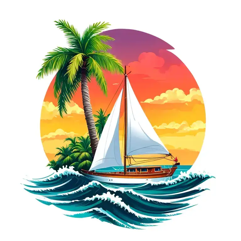 white sailboat, sunrise background, island palm tree. ocean waves, bright and vibrant colors tattoo design idea