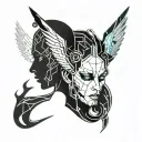 separate angel and devil one each behind the ears whispering into ear tattoo design idea