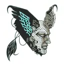 separate angel and devil one each behind the ears whispering into ear tattoo design idea