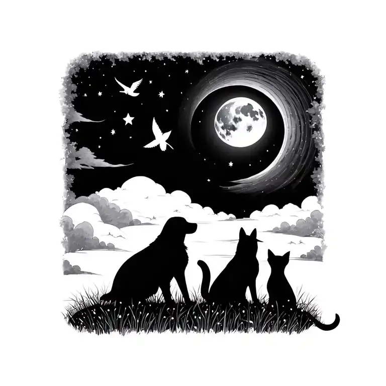 silhouette of man, dog and cat sitting in field looking at stars and moon with small bird flying near the moon tattoo design idea