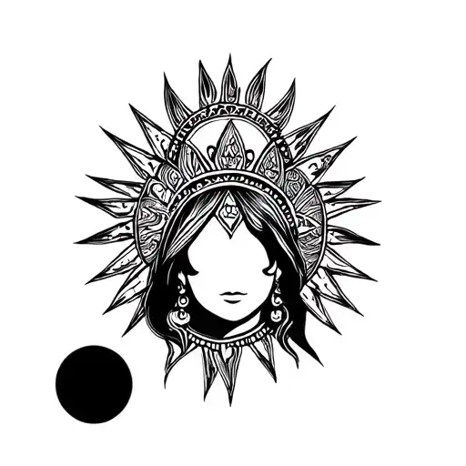 Sabbath Queen with Tribal Crown and African Sun, in Fine Line style tattoo design idea