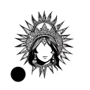 Sabbath Queen with Tribal Crown and African Sun, in Fine Line style tattoo design idea