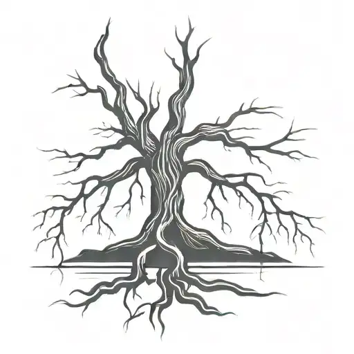 cross tree trunk roots w roots forming on sword buried tattoo design idea