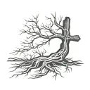 cross tree trunk roots w roots forming on sword buried tattoo design idea
