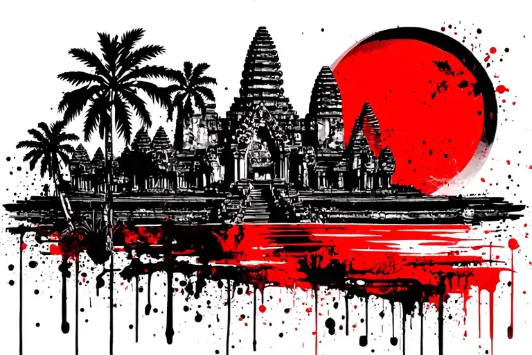 angkor wat, sun on the right side, palms, water, black and red tattoo design idea