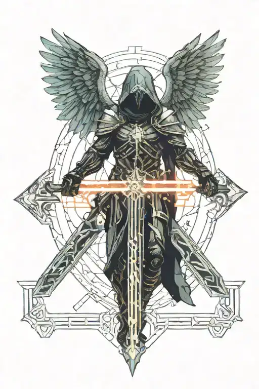 archangel with black hood holding sword with a big cross behind him  tattoo design idea