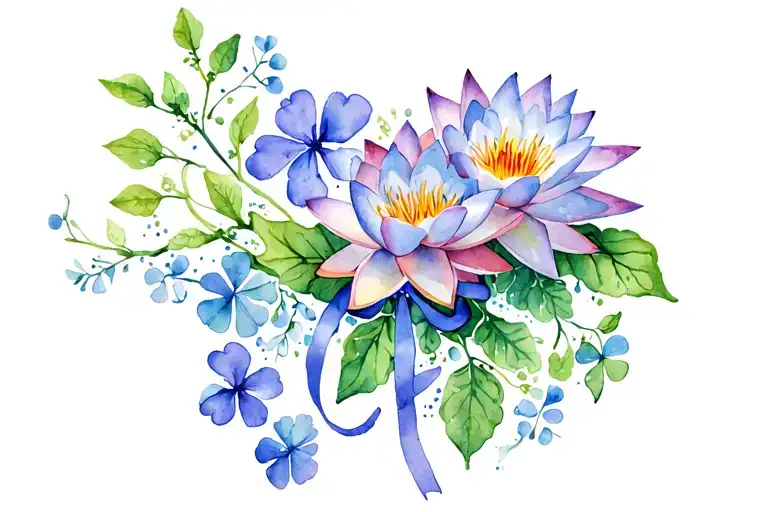 larkspur,clover,vines,and water lily with a ribbon and l charm tattoo design idea