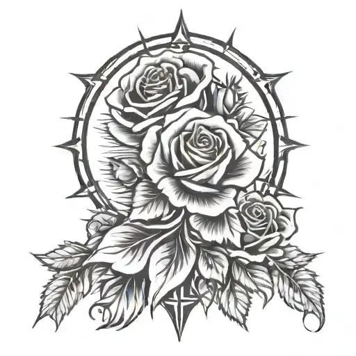 rose, poppy, cross, sun rays, 2 banners tattoo design idea