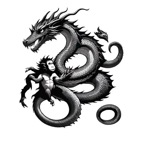 a dragon, snake, and monkey all fighting each other  tattoo design idea