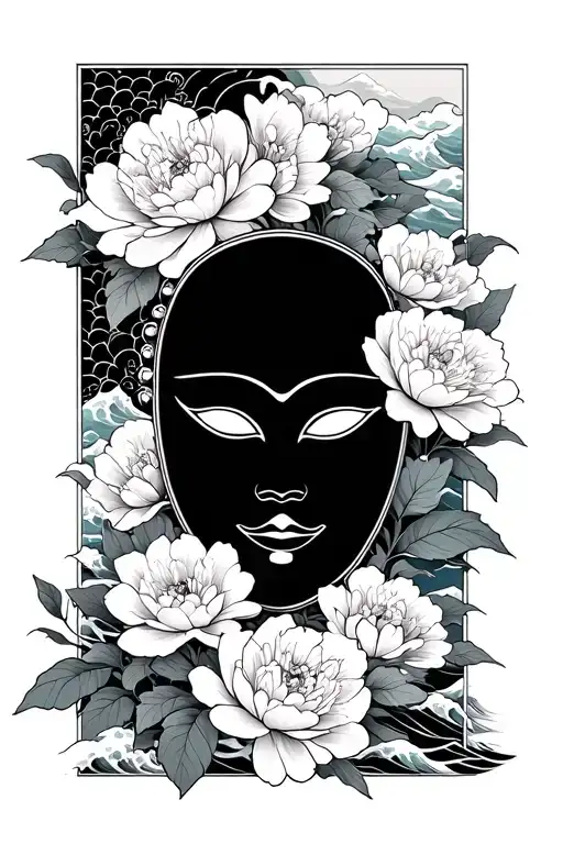 Chania mask with peonies around, against a background of traditional Japanese waves tattoo design idea