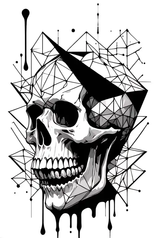 geometric pattern behind a skull with black dripping ink tattoo design idea