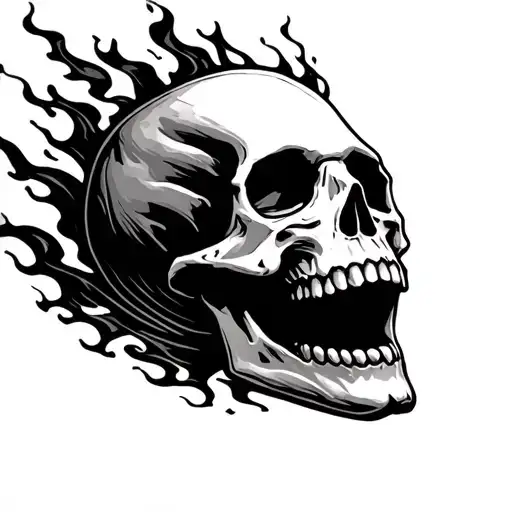 black and white skull from front laughing in flames tattoo design idea