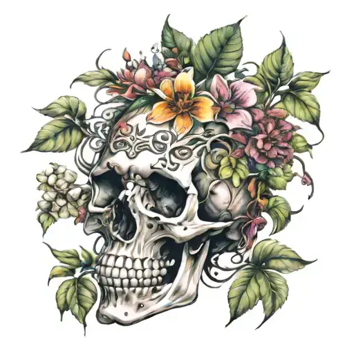 skeleton that is heavily overgrown with flowers and various vegetation  tattoo design idea