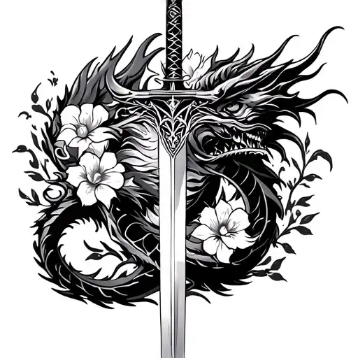 dragon with sword surrounded by flowers intertwined tattoo design idea