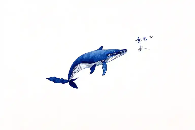 Blue ink, japanese elegant line art inspired complete wristband tattoo with humpback whale tattoo design idea