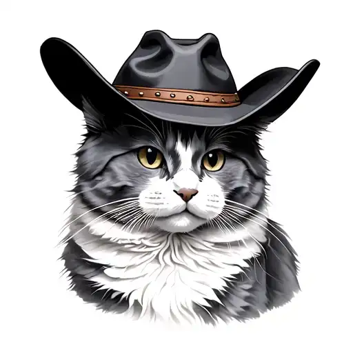 grey and white  cat with a cowboy hat tattoo design idea
