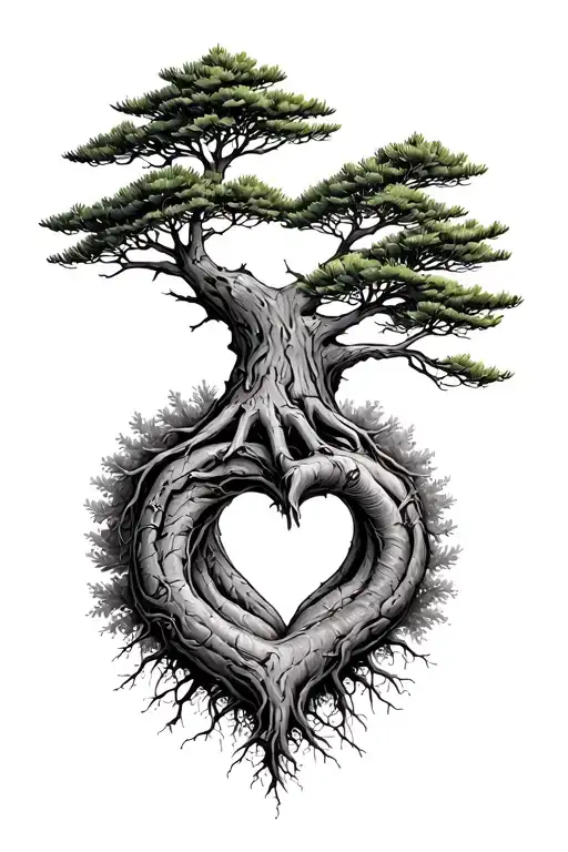 pine tree with heart shaped roots tattoo design idea