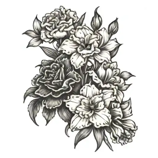 Carnation, Larkspur, Narcissus Flower Bouquet Tattoo Idea tattoo design idea