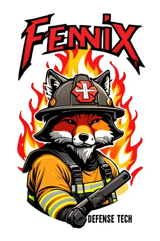 "Fenix Defense Tech" Tough Fox wearing firefighter gear, surrounded by flames. Helmet has maltese cross fire symbol. tattoo design idea