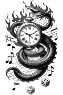 fire snake clock surrounded by music notes intertwined with luck dice tattoo design idea