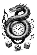 fire snake clock surrounded by music notes intertwined with luck dice tattoo design idea