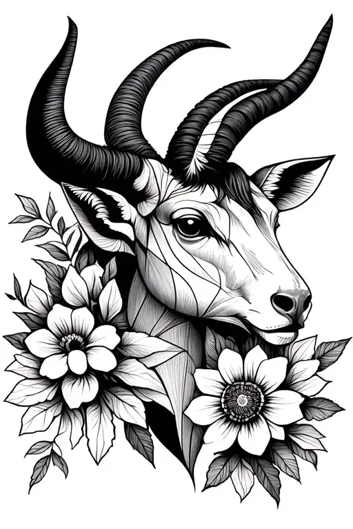 Ba ear and a capricorn together with austrian edelweiß flowers tattoo design idea