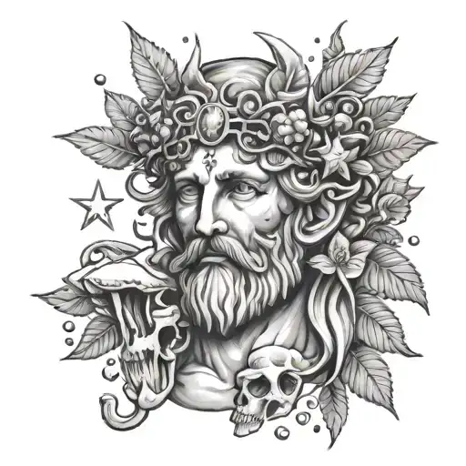 Dionysus god with Cubensis mushrooms and stars coming from head beautiful  tattoo design idea