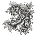 Dionysus god with Cubensis mushrooms and stars coming from head beautiful  tattoo design idea