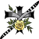black and gray cross with 2 ribbons and yellow rose tattoo design idea