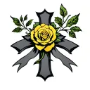 black and gray cross with 2 ribbons and yellow rose tattoo design idea