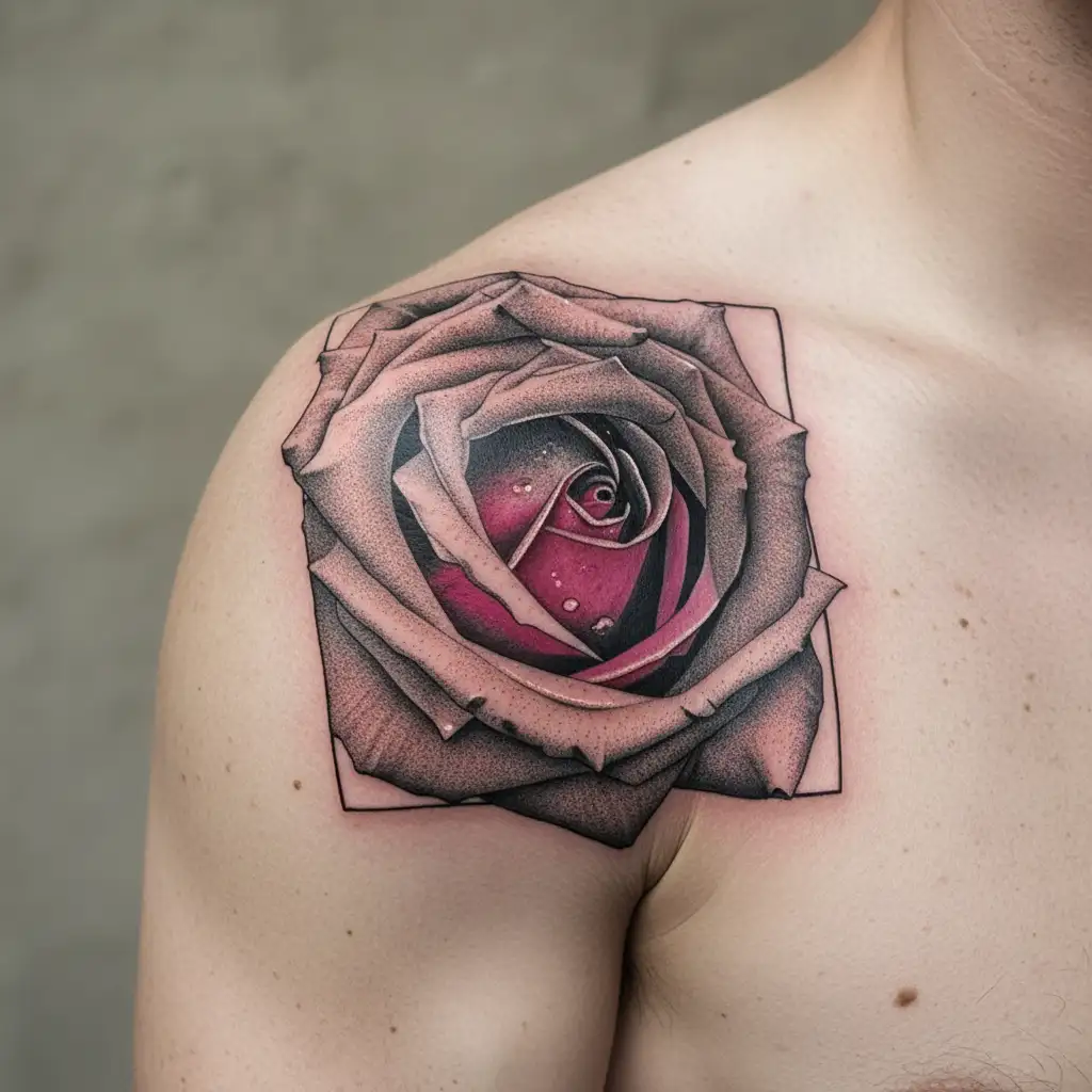 realism rose pink red colour around nipple tattoo design idea