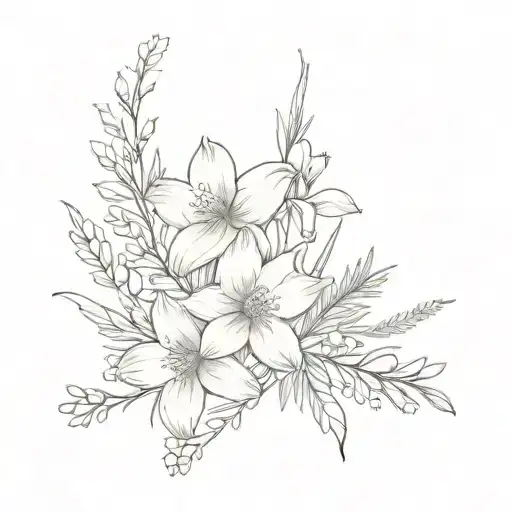 bouquet using heather flower, daffodil, and cosmos tattoo design idea