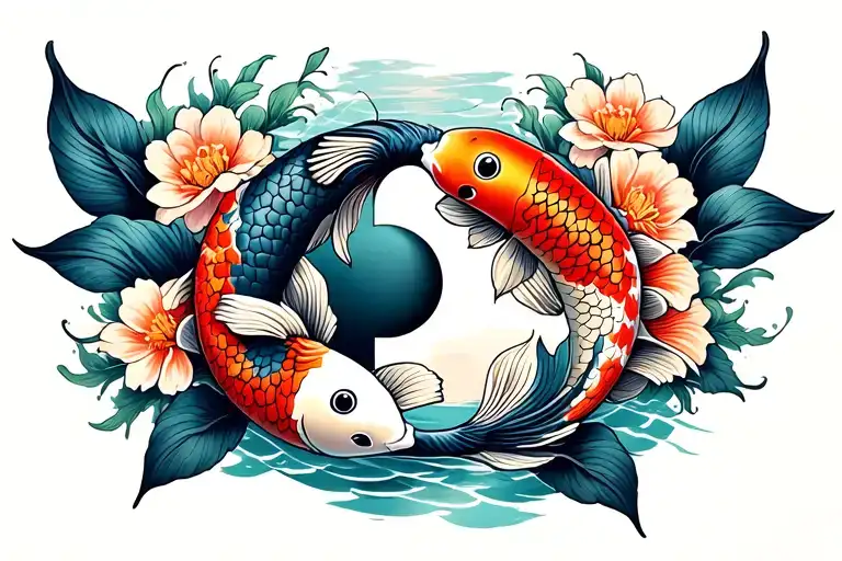 Two koi fish yin yang with flowers. The koi fish swimming tattoo design idea
