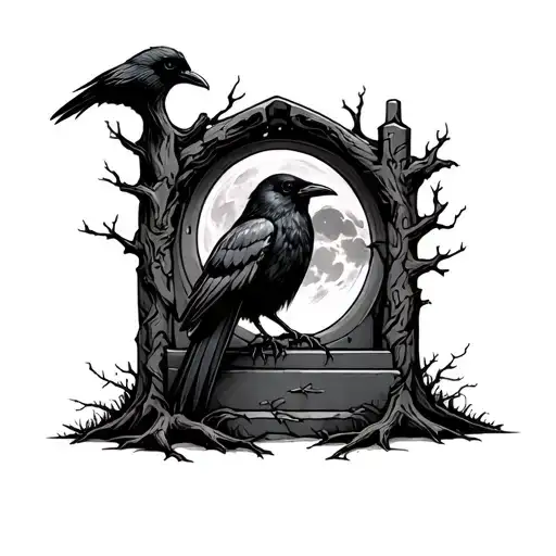 raven tombstone moon dead trees background looking through lens tattoo design idea