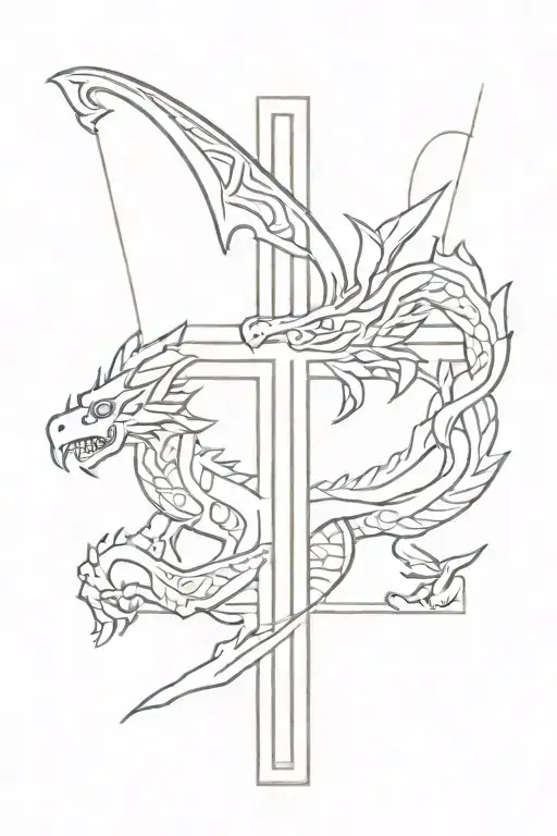 small cross with Aztec dragon wrapped tattoo design idea