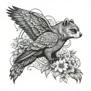 abstract tattoo design featuring otter, bear, owl, raven, water, sun, flowers tattoo design idea